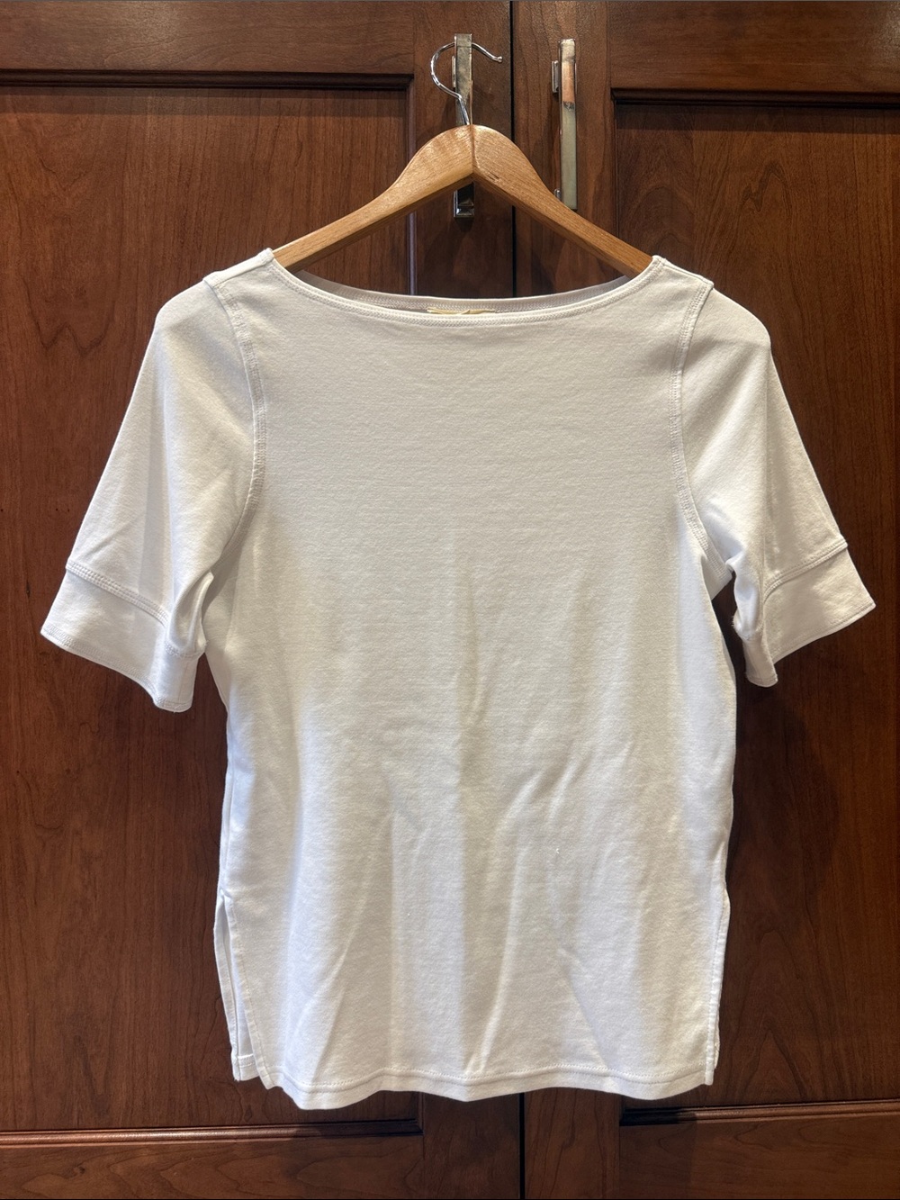 Women's White Short-Sleeve Boat Neck Top with side slits